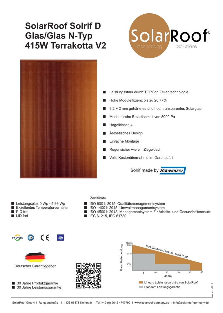 SolarRoof Solrif 415W Terrakotta Gals/Glas 3,2 + 2mm Bifazial 